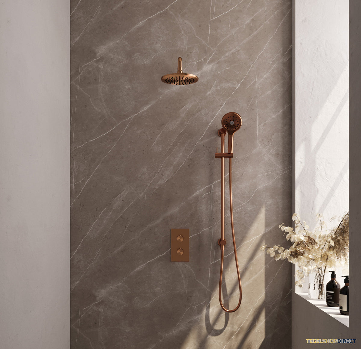 Regendoucheset Inbouw Brauer Copper Carving Thermostatisch 20cm met 3-Weg Omstelling, Gebogen Wandarm, Glijstang en Handdouche 3-Standen Geborsteld Koper