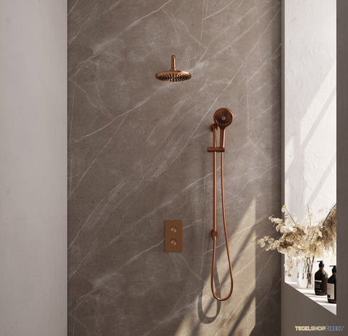 Regendoucheset Inbouw Brauer Copper Carving Thermostatisch 20cm met 3-Weg Omstelling, Gebogen Wandarm, Glijstang en Handdouche 3-Standen Geborsteld Koper