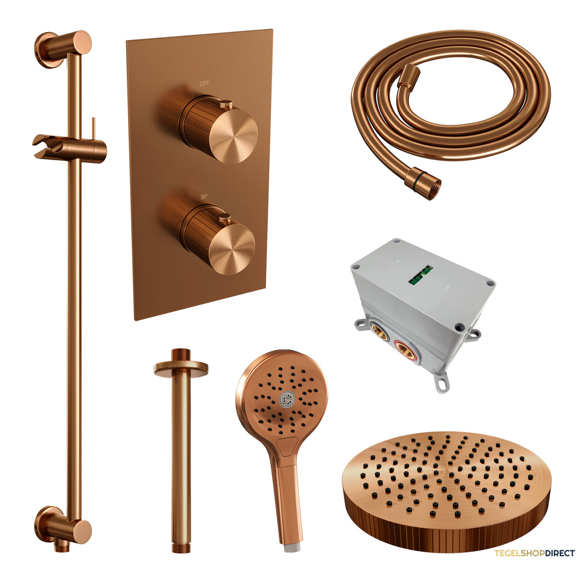 Brauer Stripe thermostatische inbouw regendouche 3-weg rechthoekig SET 24 met 25 cm douchekop en plafondarm en 3-standen handdouche en doucheslang en geintegreerde glijstang koper geborsteld PVD – afbeelding 3