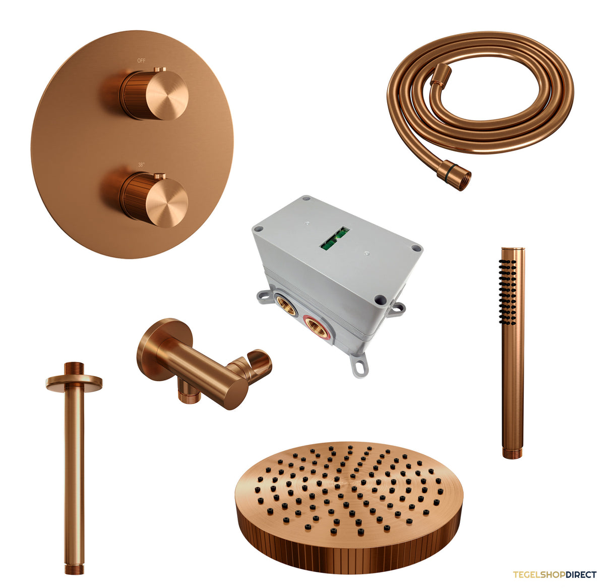 Brauer Stripe thermostatische inbouw regendouche 3-weg rond SET 39 met 25 cm douchekop en plafondarm en staaf handdouche en doucheslang en wandaansluitbocht koper geborsteld PVD – afbeelding 3