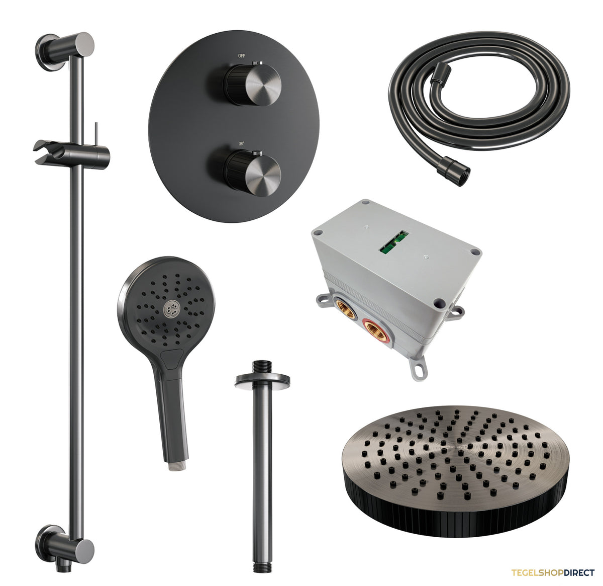 Brauer Stripe thermostatische inbouw regendouche 3-weg rond SET 48 met 25 cm douchekop en plafondarm en 3-standen handdouche en doucheslang en geintegreerde glijstang gunmetal geborsteld PVD – afbeelding 3
