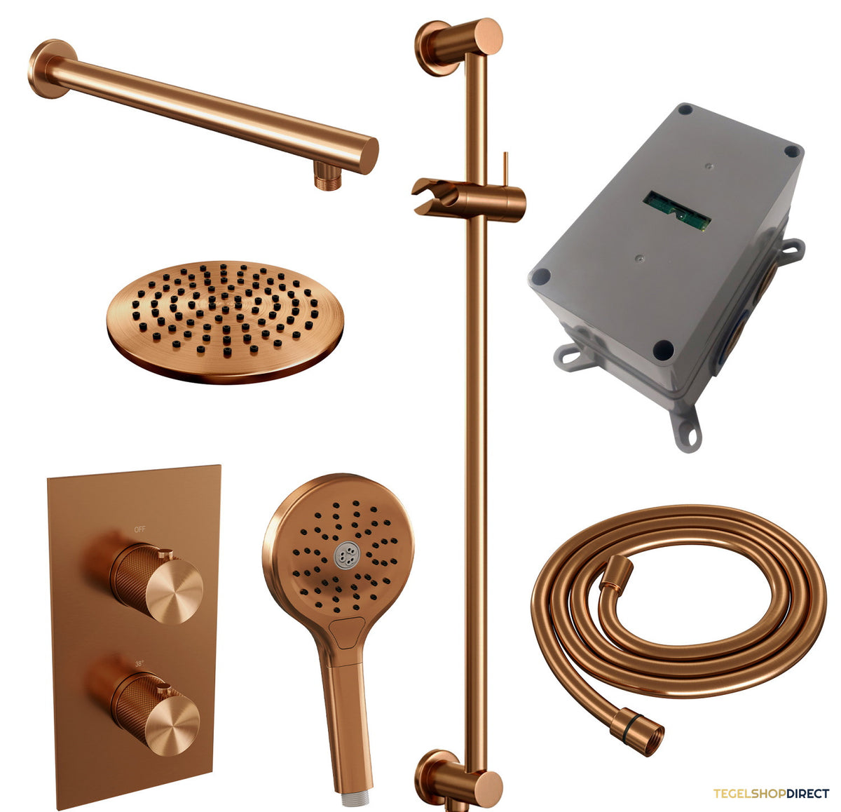 Regendoucheset Inbouw Brauer Copper Carving Thermostatisch 20cm met 3-Weg Omstelling, Wandarm, Glijstang en Handdouche 3-Standen Geborsteld Koper – afbeelding 10