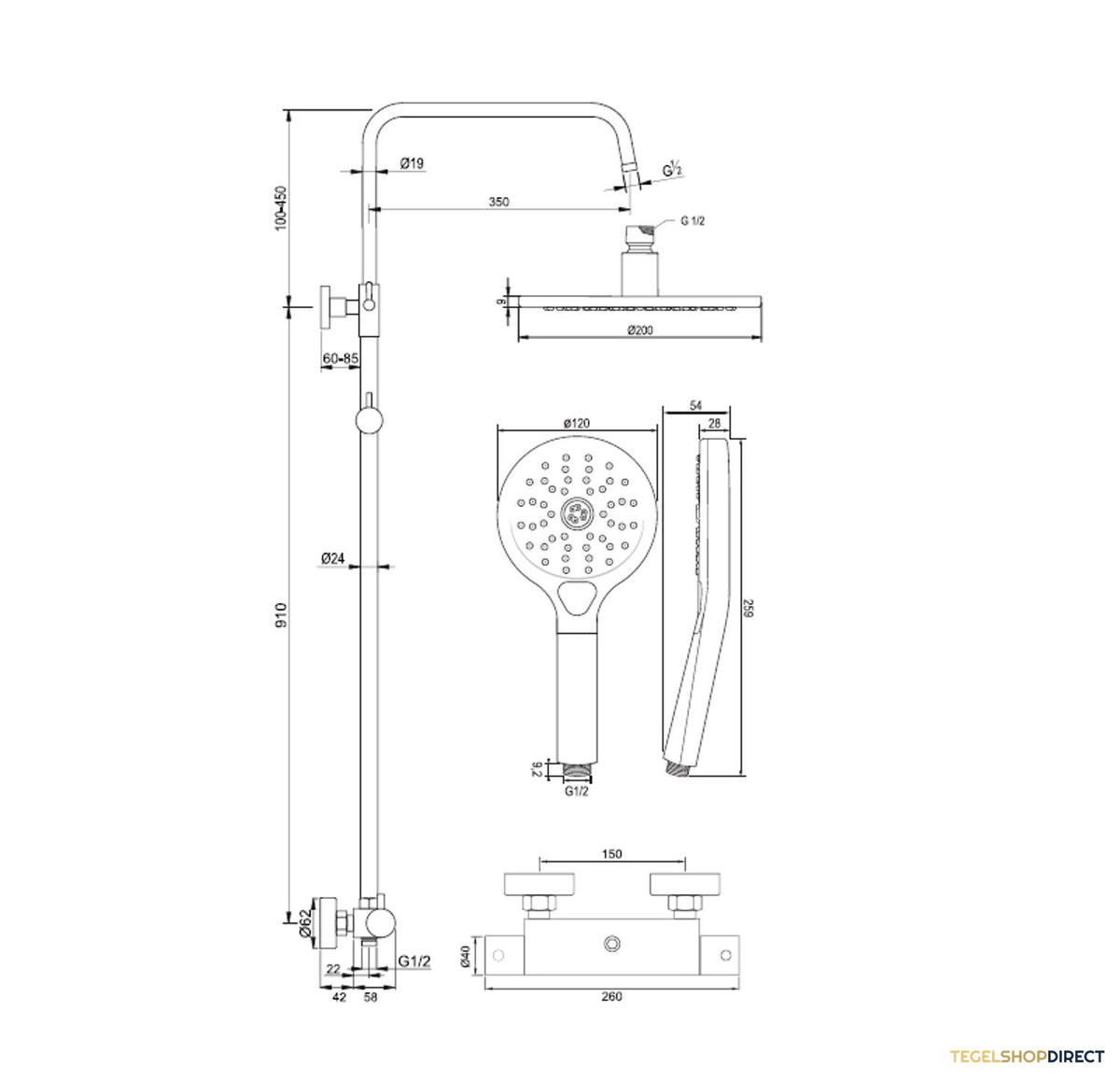 Regendouche Brauer Copper Showerpipe Met Thermostaat 20cm 3 Standen Koper – afbeelding 6