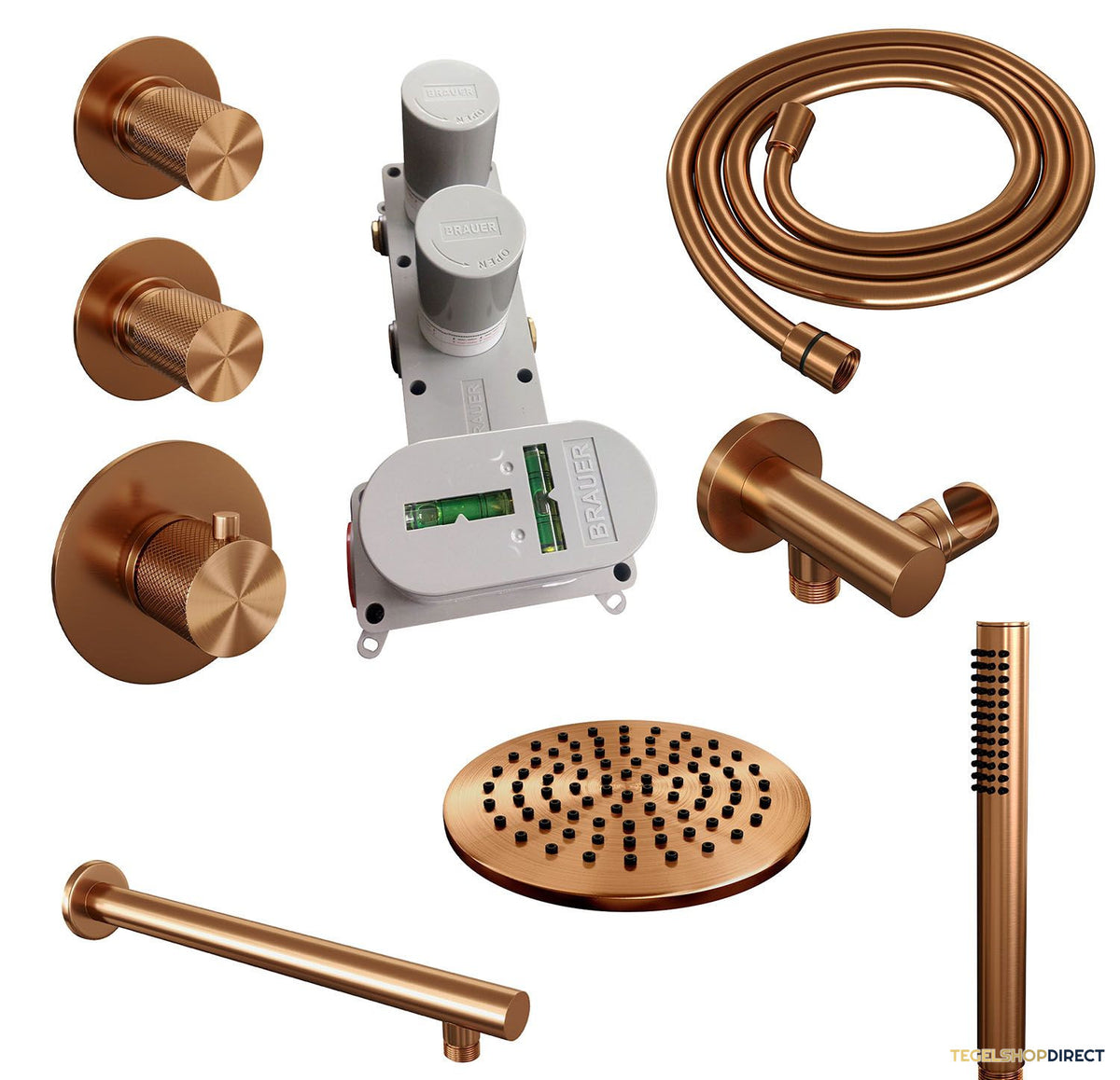Regendoucheset Inbouw Brauer Copper Carving Thermostatisch 20cm met Wandarm en Handdouche Staaf Losse Stopkranen Geborsteld Koper – afbeelding 3