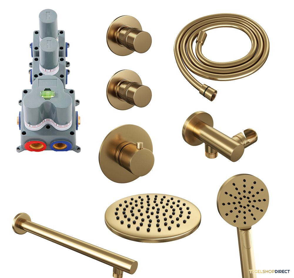 Regendoucheset Inbouw Brauer Gold Edition Thermostatisch 20cm met Wandarm en Handdouche 3-Standen Losse Stopkranen Geborsteld Goud – afbeelding 2