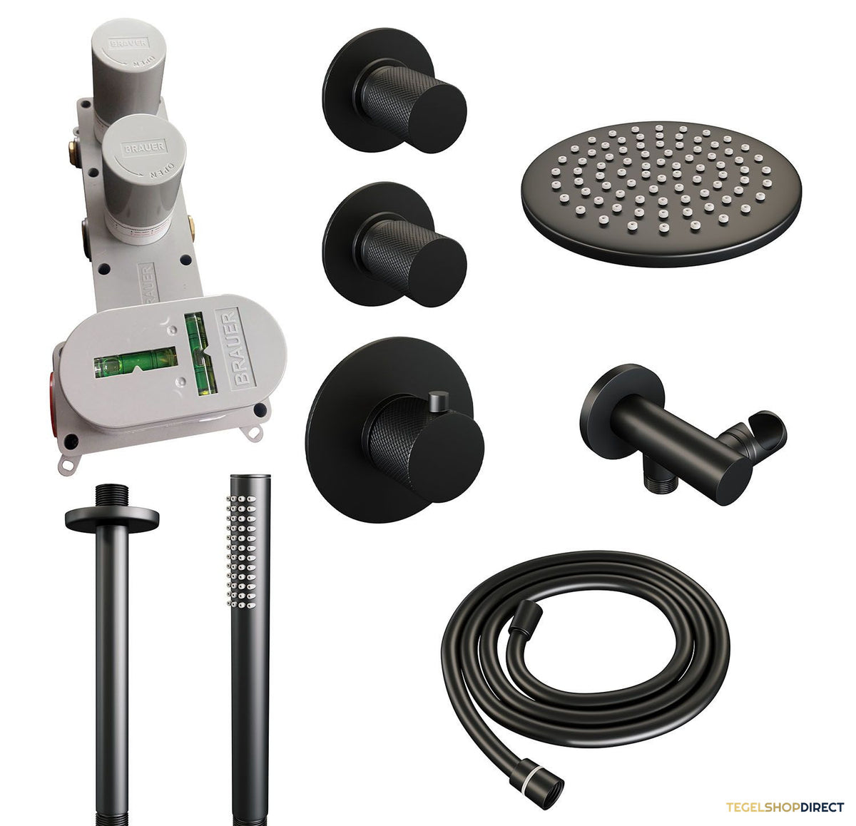 Regendoucheset Inbouw Brauer Black Carving Thermostatisch 20cm met Plafondarm en Handdouche Staaf Losse Stopkranen Mat Zwart – afbeelding 3