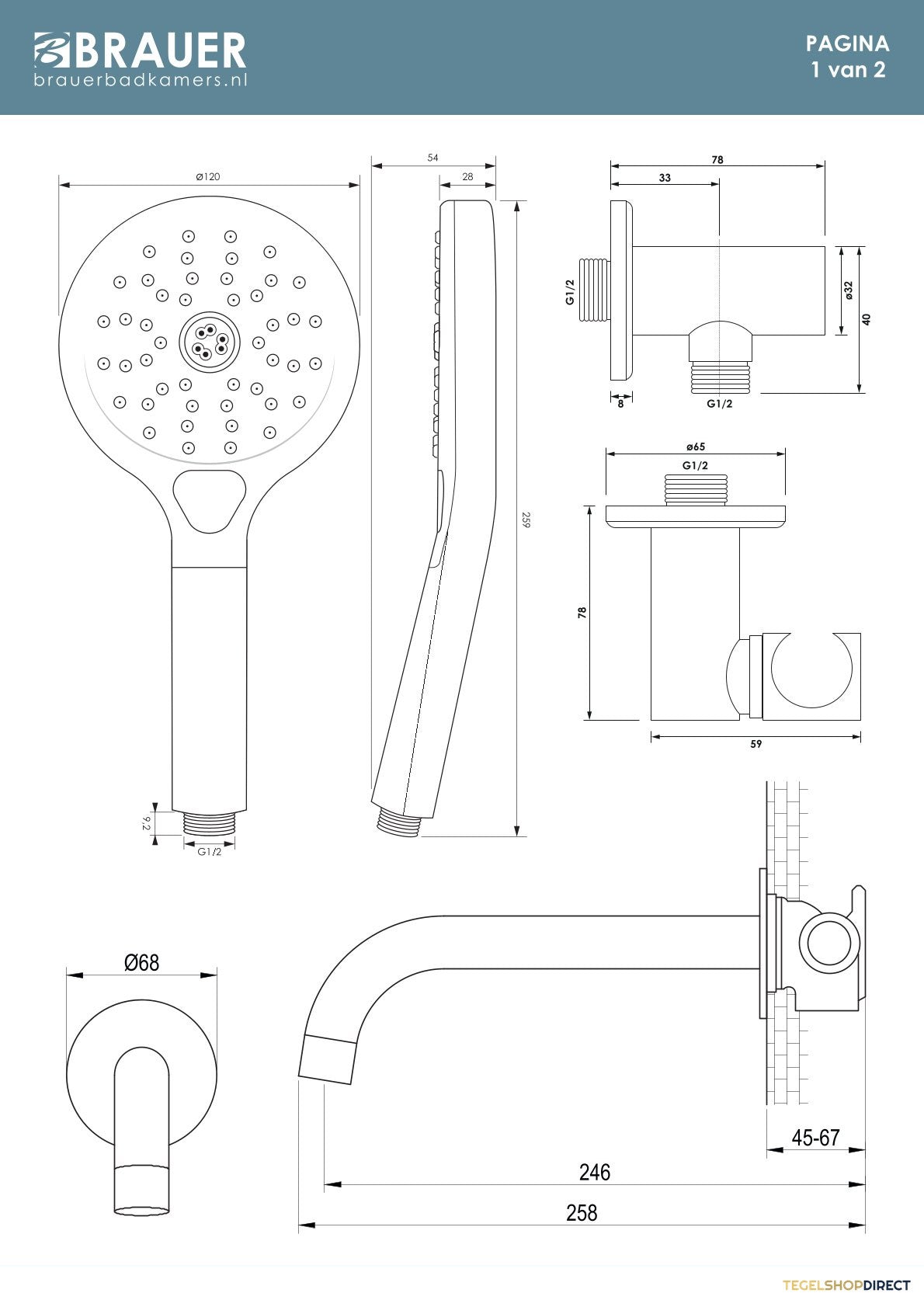 Brauer Stripe thermostatische inbouw badkraan SET 02 met uitloop en 3-standen handdouche en doucheslang en wandaansluitbocht koper geborsteld PVD – afbeelding 9