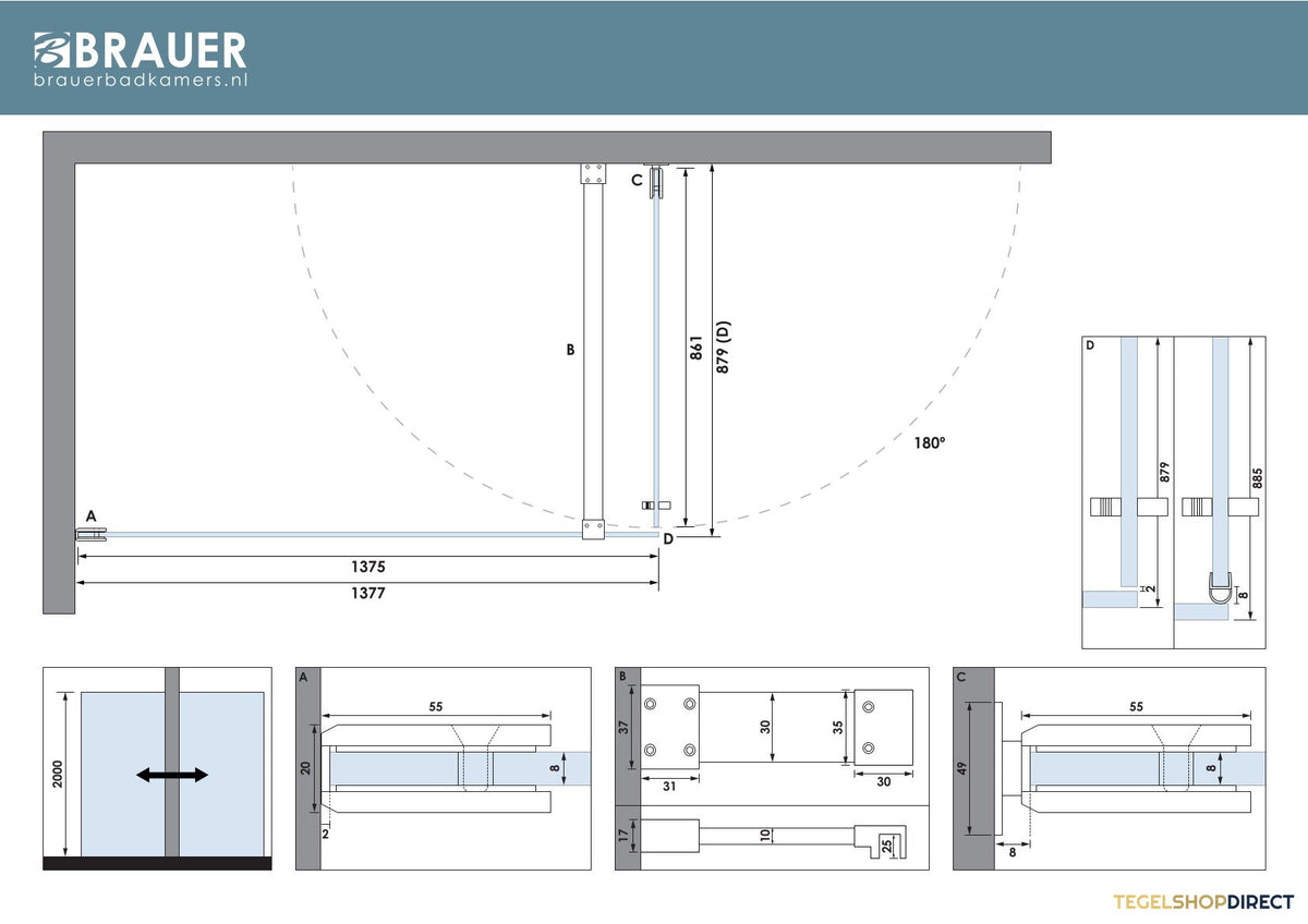 BRAUER Void douchecabine met draaideur helder glas 90x140x200 incl. glascoating PVD koper geborsteld – afbeelding 7