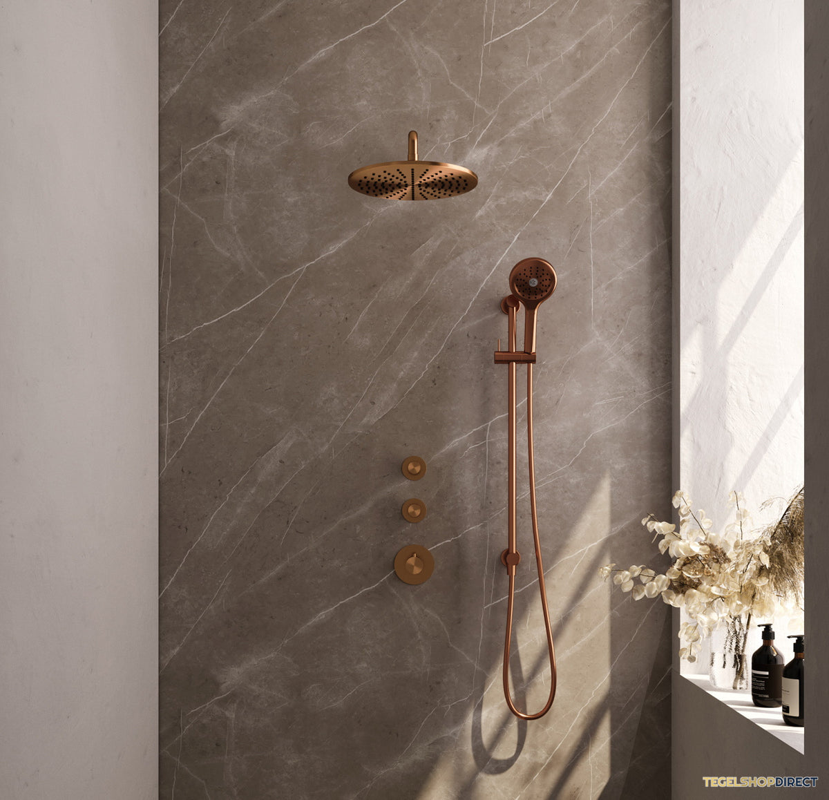 Regendoucheset Inbouw Brauer Copper Carving Thermostatisch 30cm met Gebogen Wandarm, Glijstang en Handdouche 3-Standen Geborsteld Koper