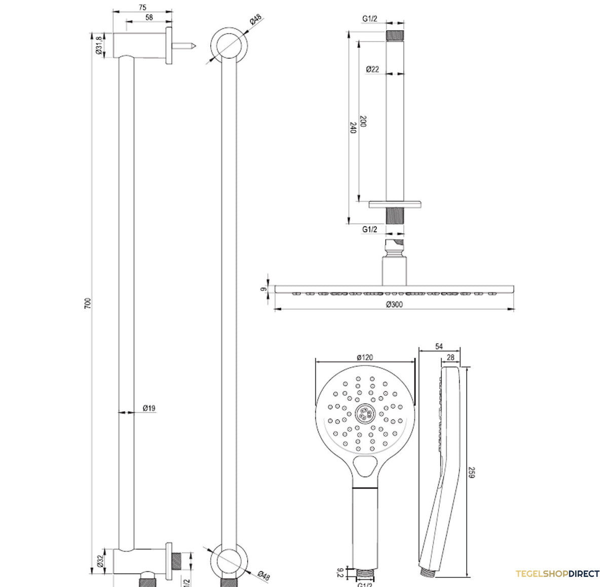 Regendoucheset Inbouw Brauer Copper Carving Thermostatisch 30cm met Plafondarm, Glijstang en Handdouche 3-Standen Geborsteld Koper – afbeelding 12