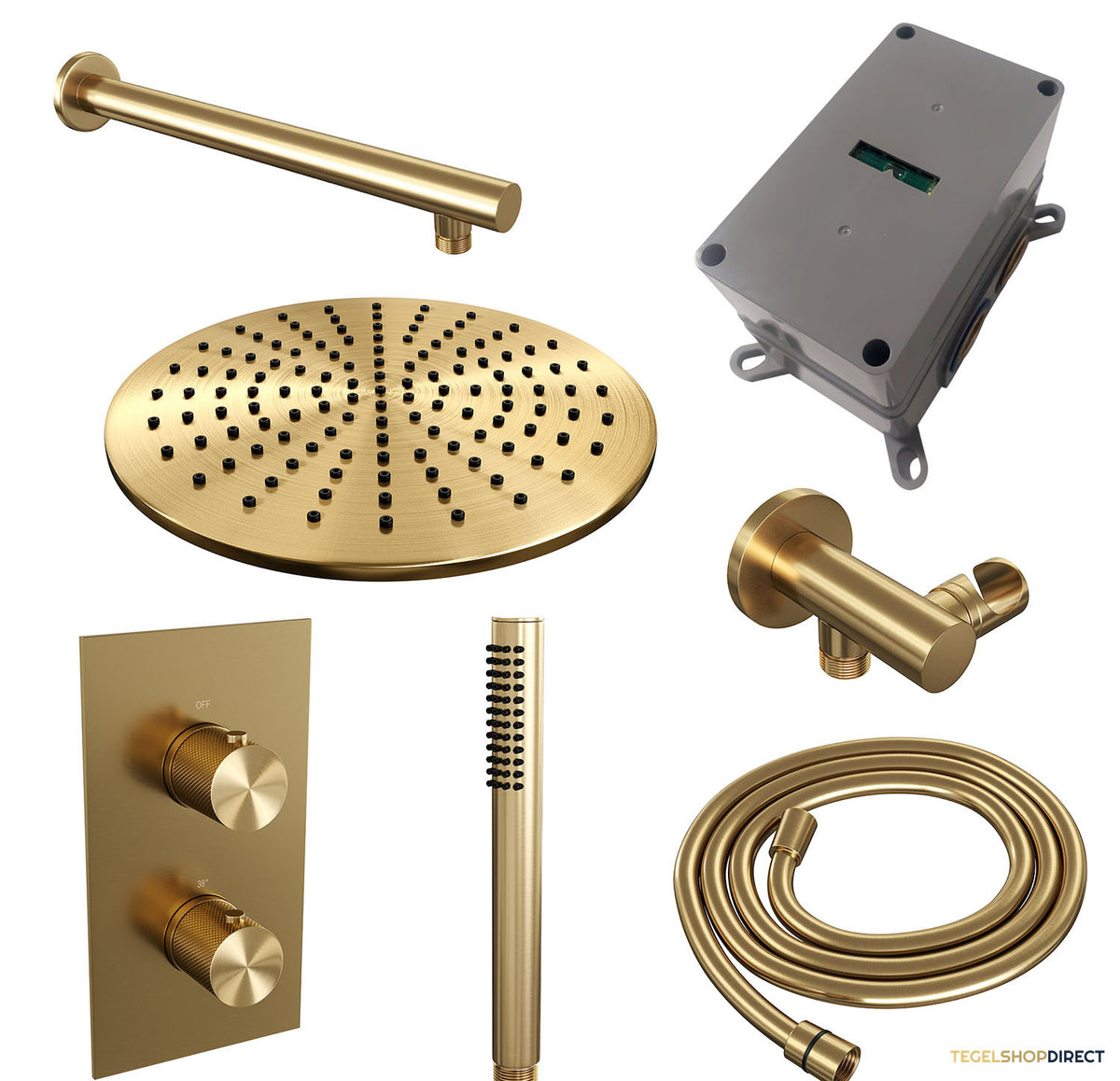 Regendoucheset Inbouw Brauer Gold Carving Thermostatisch 30cm met 3-Weg Omstelling, Wandarm en Staaf Handdouche Geborsteld Goud – afbeelding 4