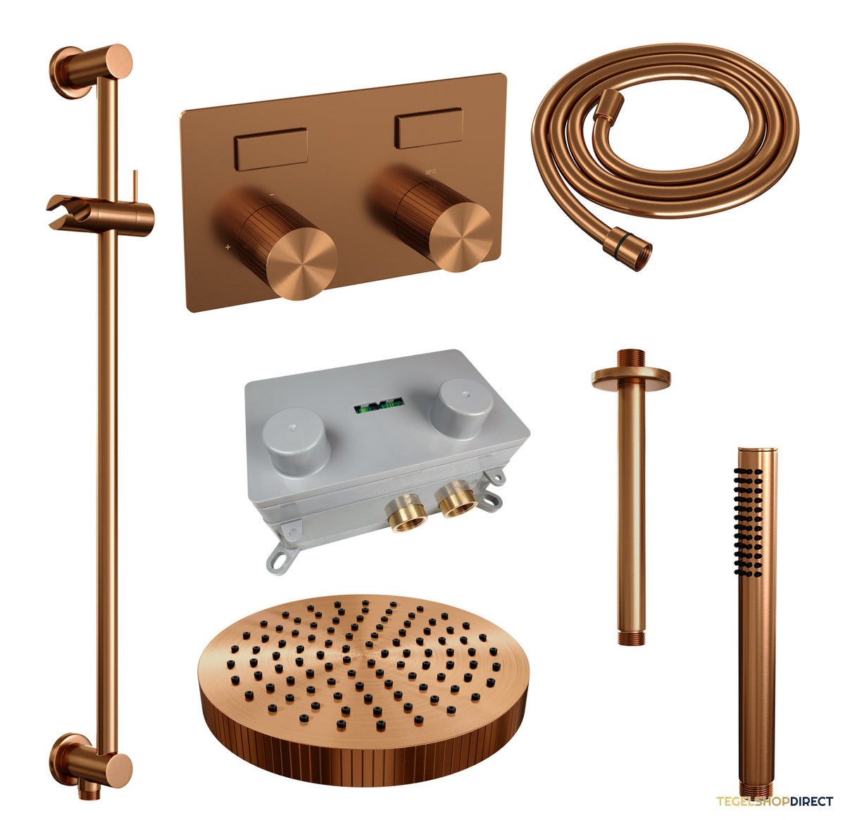 Brauer Stripe thermostatische inbouw regendouche met drukknoppen SET 33 met 25 cm douchekop en plafondarm en staaf handdouche en doucheslang en geintegreerde glijstang koper geborsteld PVD – afbeelding 3