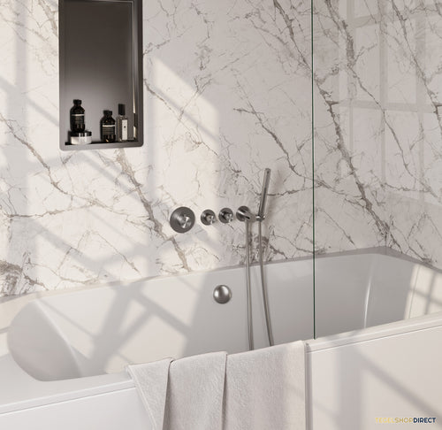 Brauer Stripe thermostatische inbouw badkraan SET 01 met badvulcombinatie en staaf handdouche en doucheslang en wandaansluitbocht RVS-kleurig geborsteld PVD