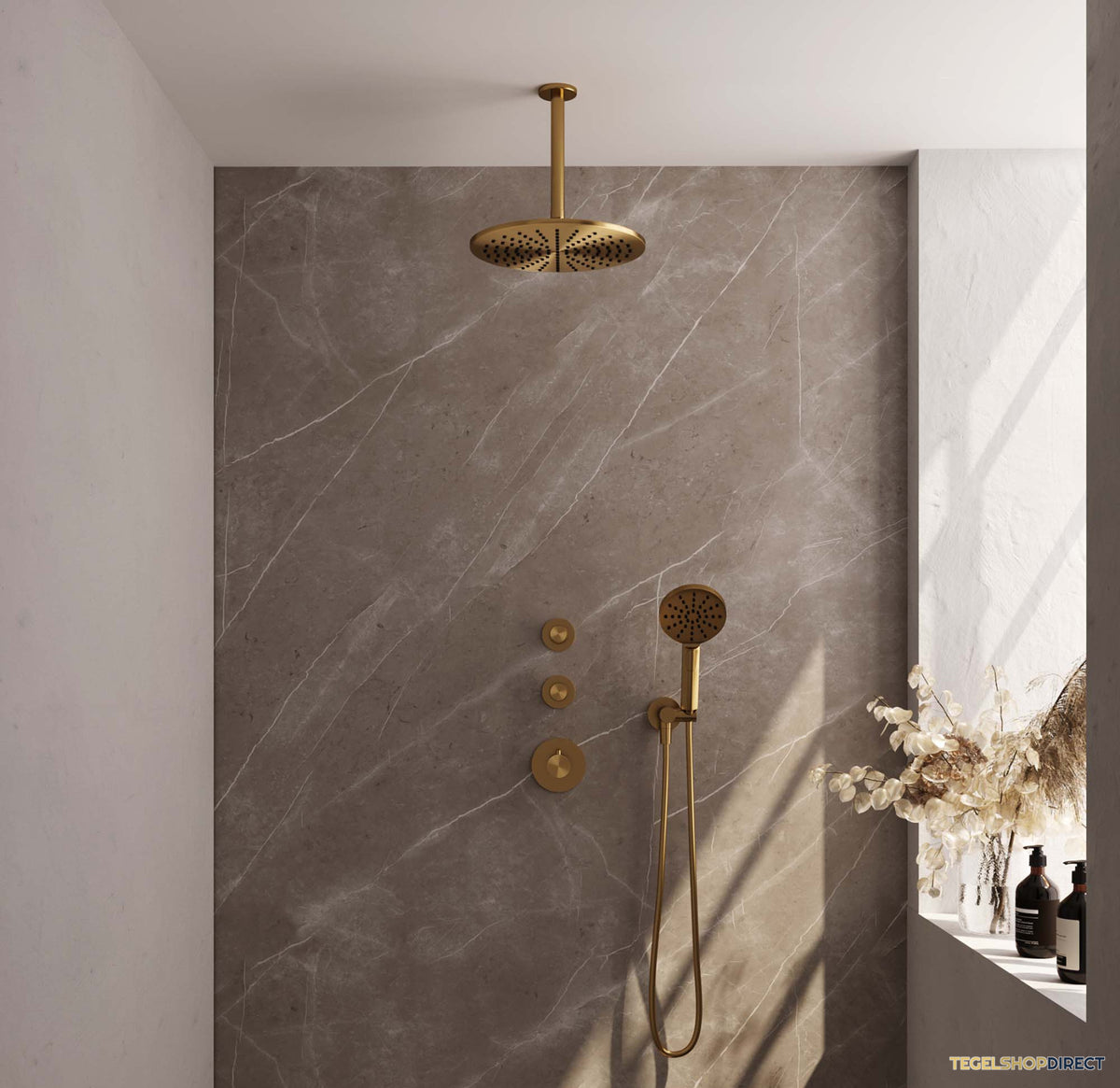 Regendoucheset Inbouw Brauer Gold Edition Thermostatisch 30cm met Plafondarm en Handdouche 3-Standen Losse Stopkranen Geborsteld Goud