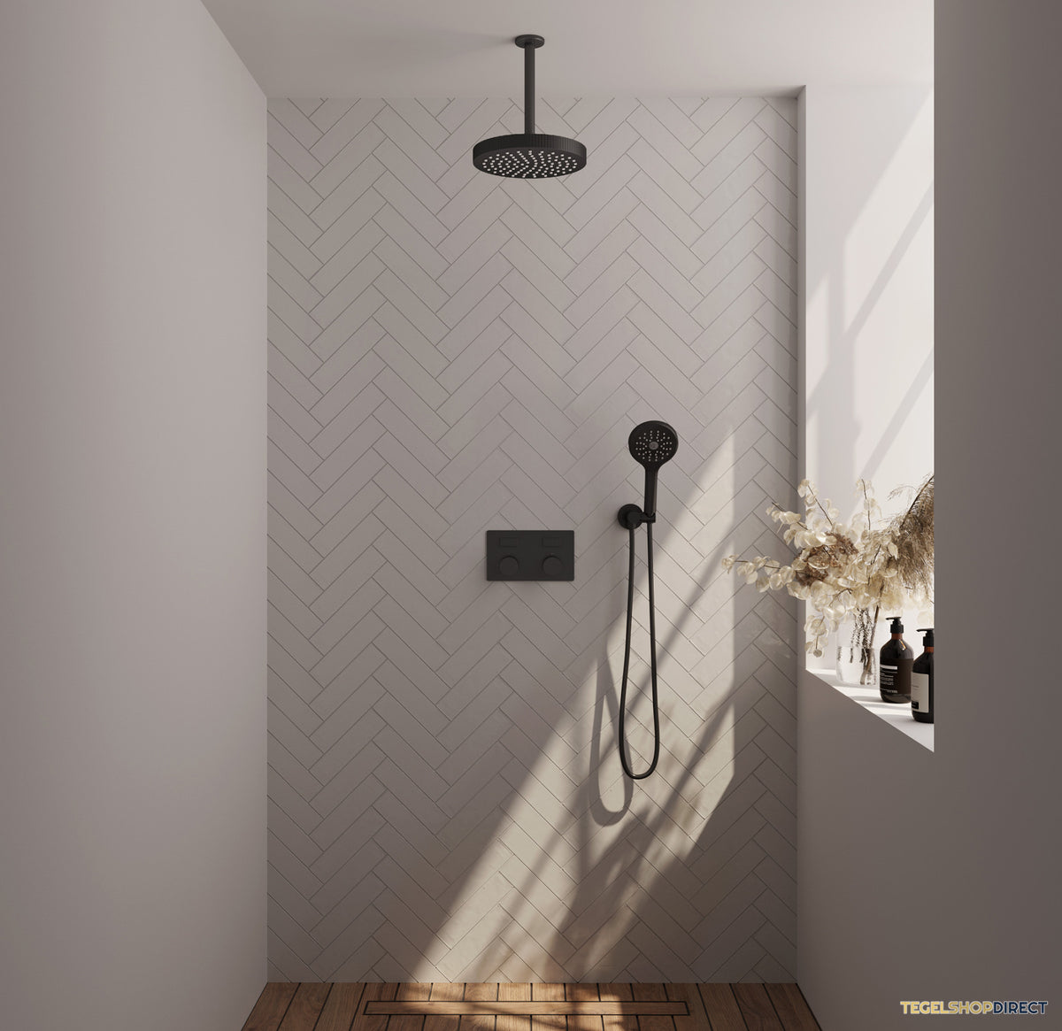 Brauer Stripe thermostatische inbouw regendouche met drukknoppen SET 30 met 25 cm douchekop en plafondarm en 3-standen handdouche en doucheslang en wandaansluitbocht mat zwart – afbeelding 2
