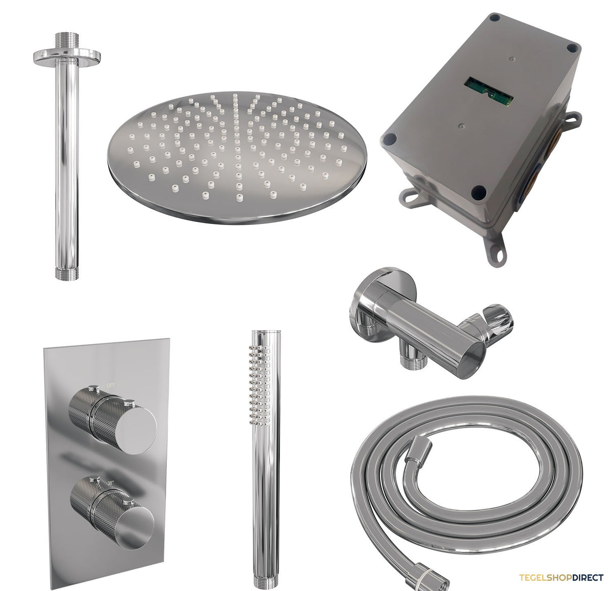 Regendoucheset Inbouw Brauer Chrome Carving Thermostatisch 30cm met 3-Weg Omstelling, Plafondarm en Staaf Handdouche Chroom – afbeelding 4