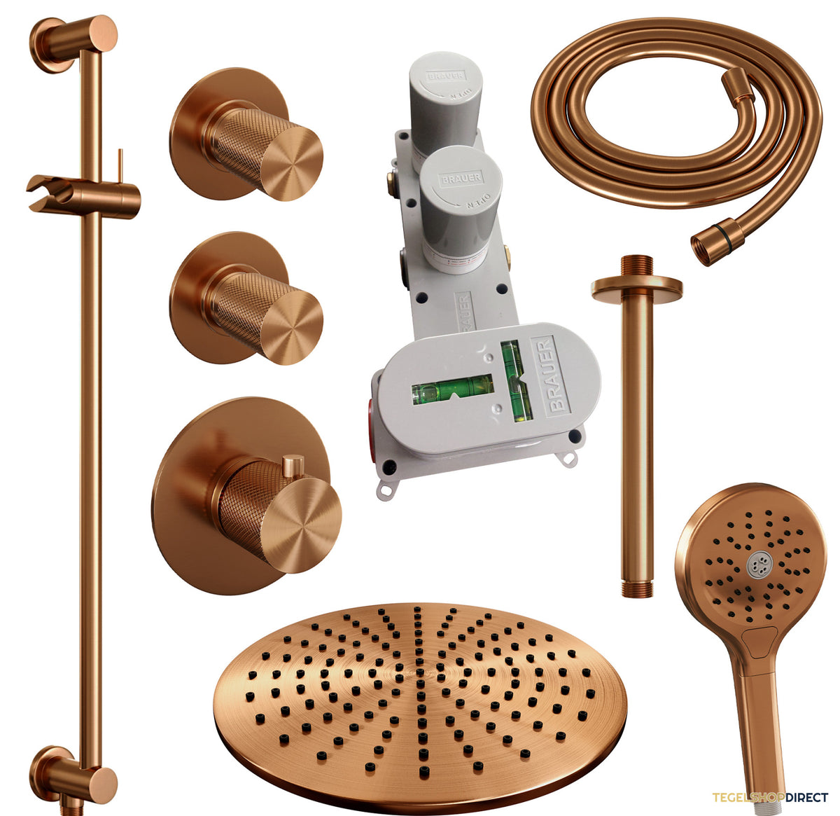 Regendoucheset Inbouw Brauer Copper Carving Thermostatisch 30cm met Plafondarm, Glijstang en Handdouche 3-Standen Geborsteld Koper – afbeelding 6