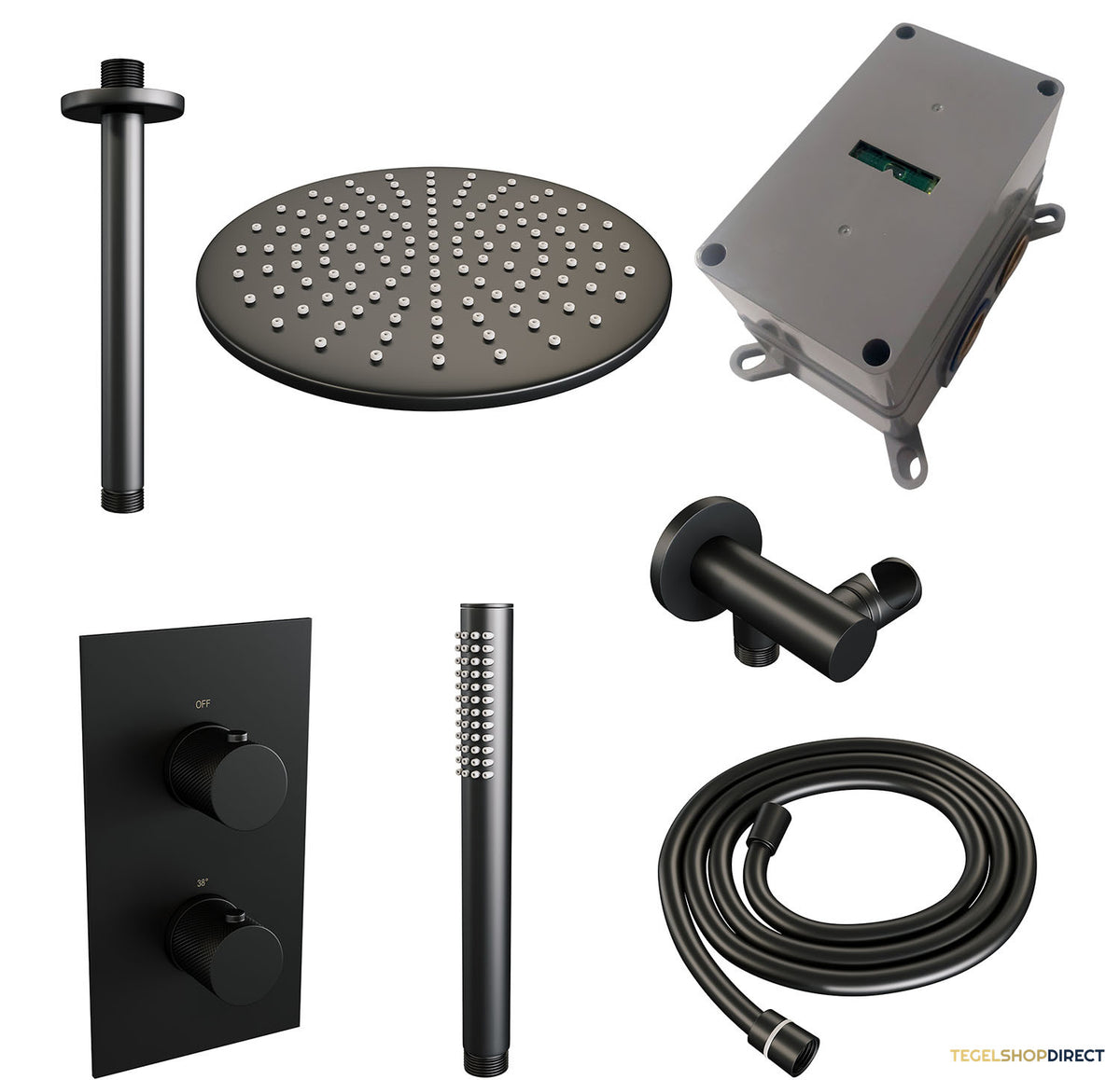 Regendoucheset Inbouw Brauer Black Carving Thermostatisch 30cm met 3-Weg Omstelling, Plafondarm en Staaf Handdouche Mat Zwart – afbeelding 3
