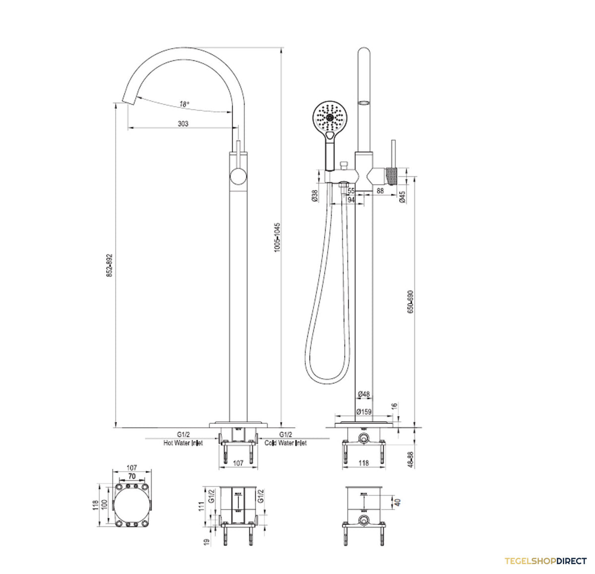 Badkraan Vrijstaand Brauer Brushed Carving met Handdouche 3-Standen Geborsteld RVS – afbeelding 6