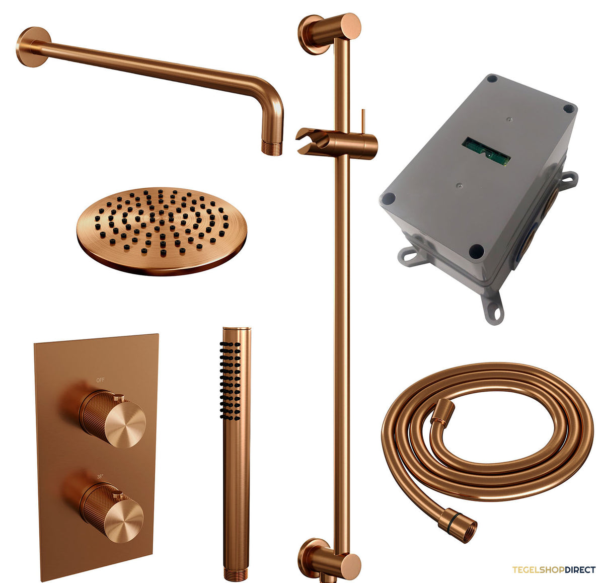 Regendoucheset Inbouw Brauer Copper Carving Thermostatisch 20cm met 3-Weg Omstelling, Gebogen Wandarm, Glijstang en Staaf Handdouche Geborsteld Koper – afbeelding 3