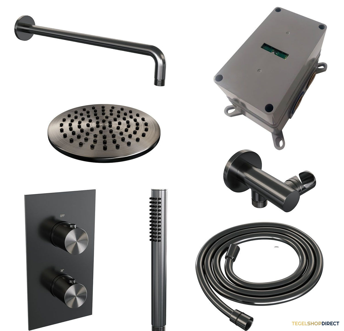 Regendoucheset Inbouw Brauer Gunmetal Edition Thermostatisch 20cm met 3-Weg Omstelling, Gebogen Wandarm en Staaf Handdouche Geborsteld Gunmetal – afbeelding 3