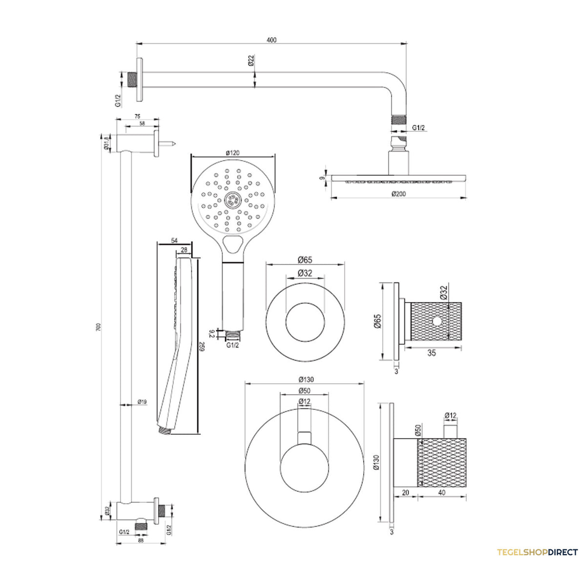 Regendoucheset Inbouw Brauer Brushed Carving Thermostatisch 20cm met Gebogen Wandarm, Glijstang en Handdouche 3-Standen Losse Stopkranen Geborsteld RVS – afbeelding 13