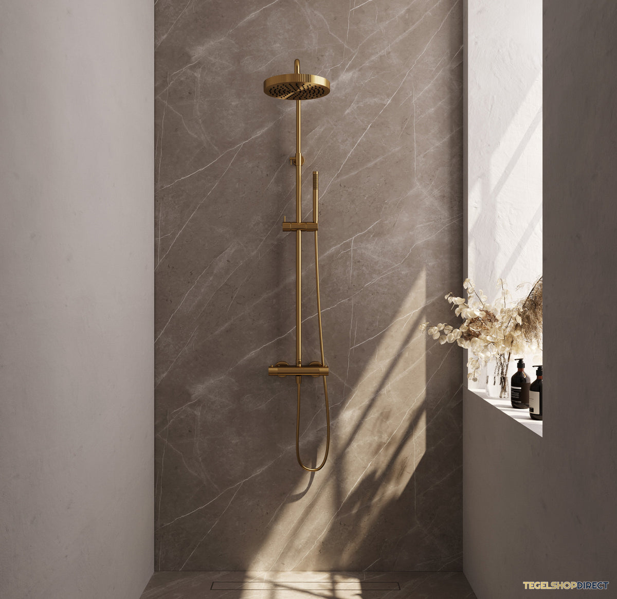 Brauer Stripe opbouw thermostatische regendouche SET 01 met 25 cm hoofddouche en staaf handdouche en doucheslang goud geborsteld PVD – afbeelding 2