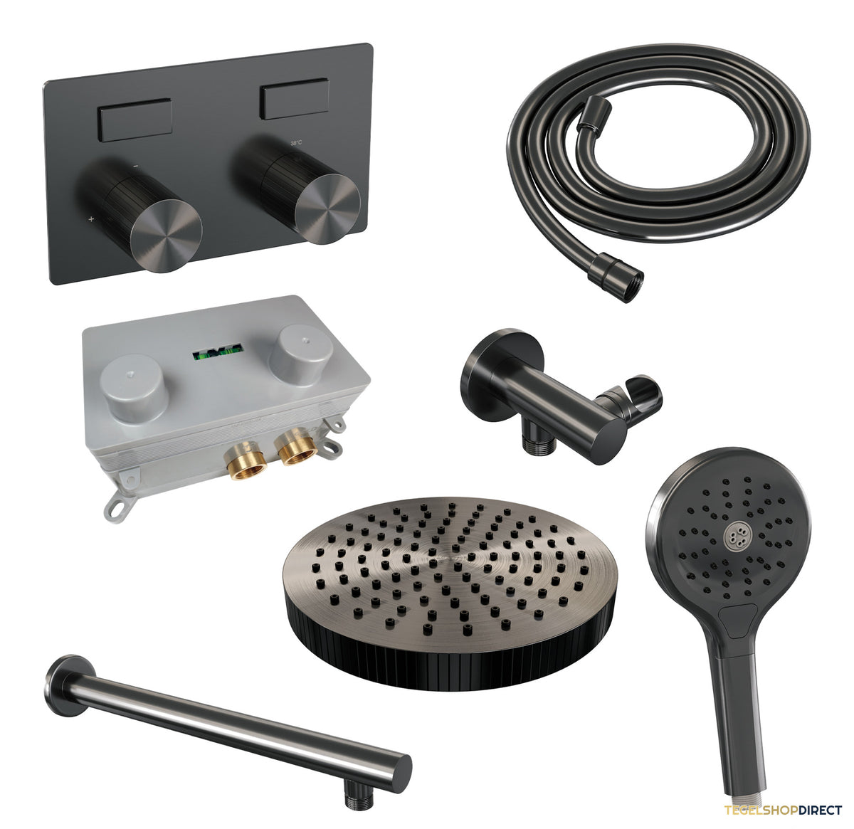 Brauer Stripe thermostatische inbouw regendouche met drukknoppen SET 28 met 25 cm douchekop en rechte muurarm en 3-standen handdouche en doucheslang en wandaansluitbocht gunmetal geborsteld PVD – afbeelding 3
