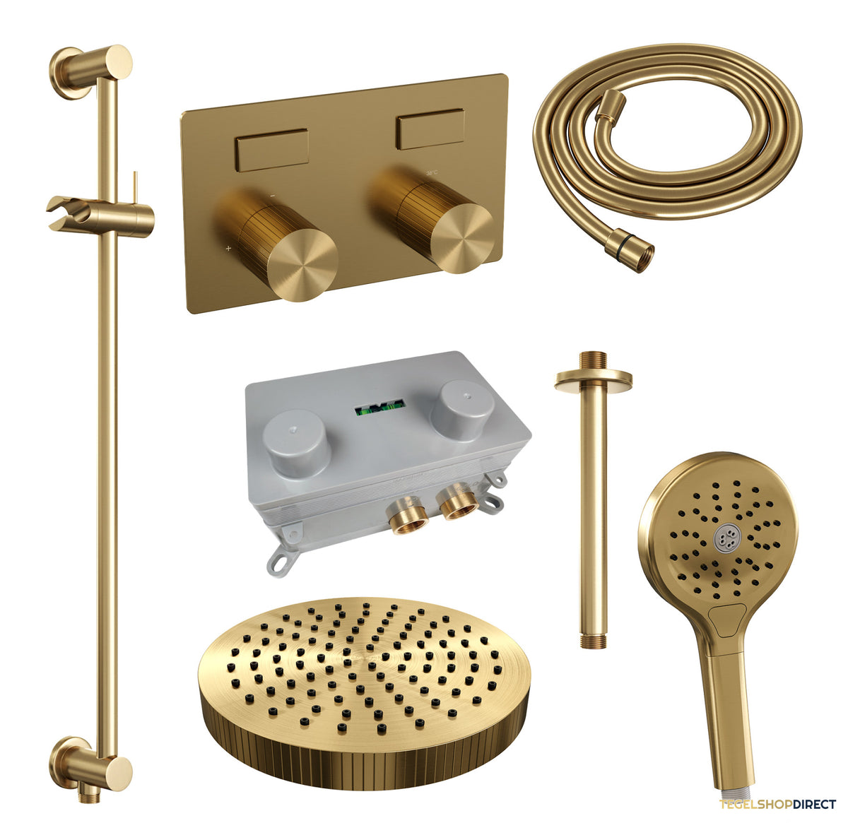 Brauer Stripe thermostatische inbouw regendouche met drukknoppen SET 36 met 25 cm douchekop en plafondarm en 3-standen handdouche en doucheslang en geintegreerde glijstang goud geborsteld PVD – afbeelding 3