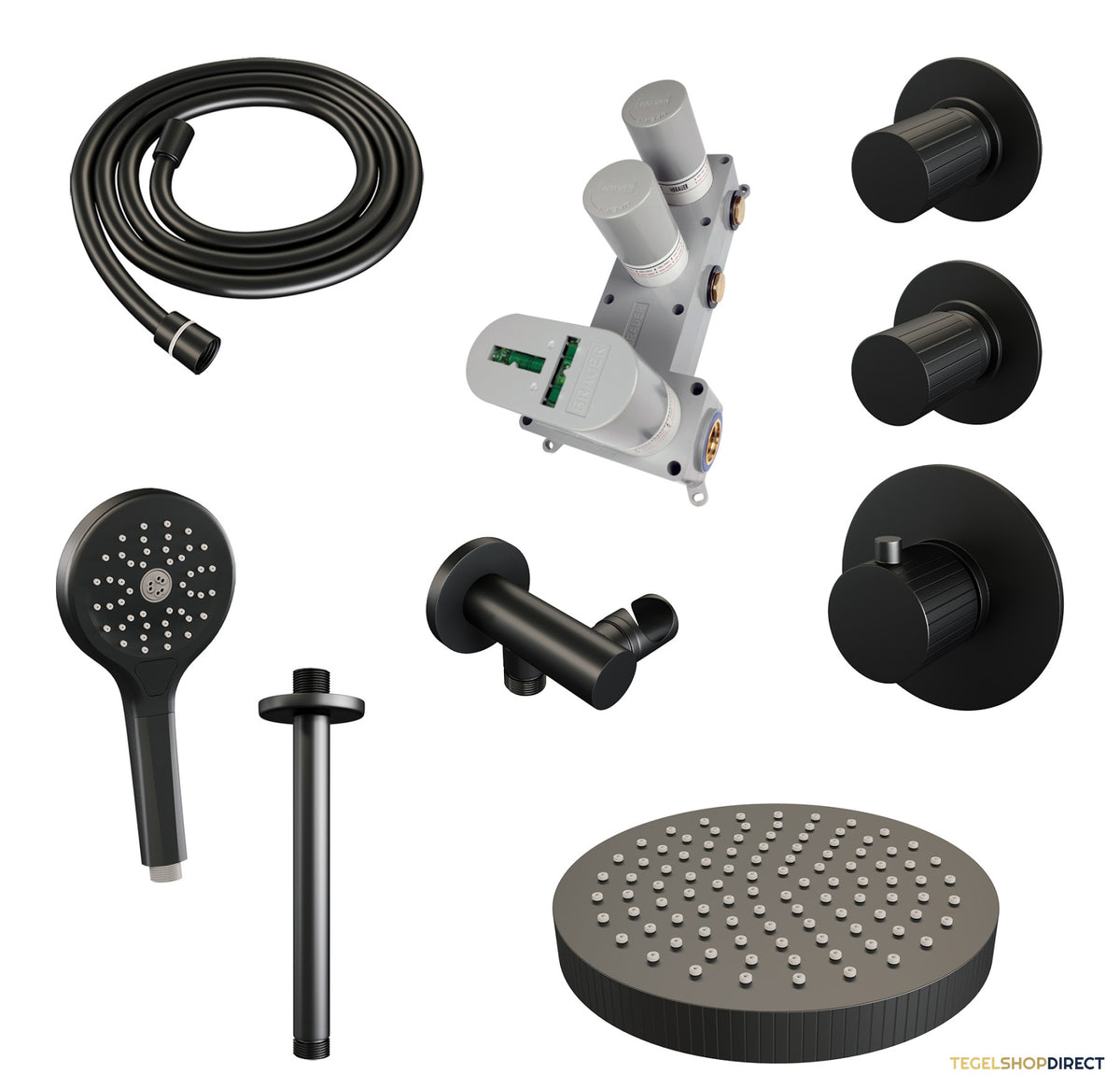 Brauer Stripe thermostatische inbouw regendouche SET 06 met 25 cm douchekop en plafondarm en 3-standen handdouche en doucheslang en wandaansluitbocht mat zwart – afbeelding 3