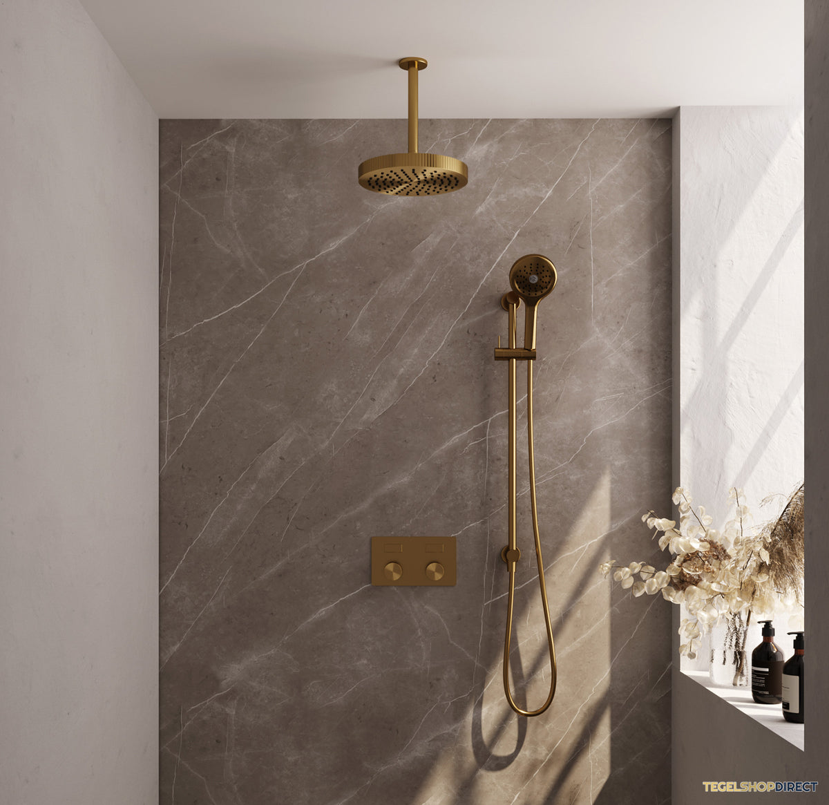 Brauer Stripe thermostatische inbouw regendouche met drukknoppen SET 36 met 25 cm douchekop en plafondarm en 3-standen handdouche en doucheslang en geintegreerde glijstang goud geborsteld PVD