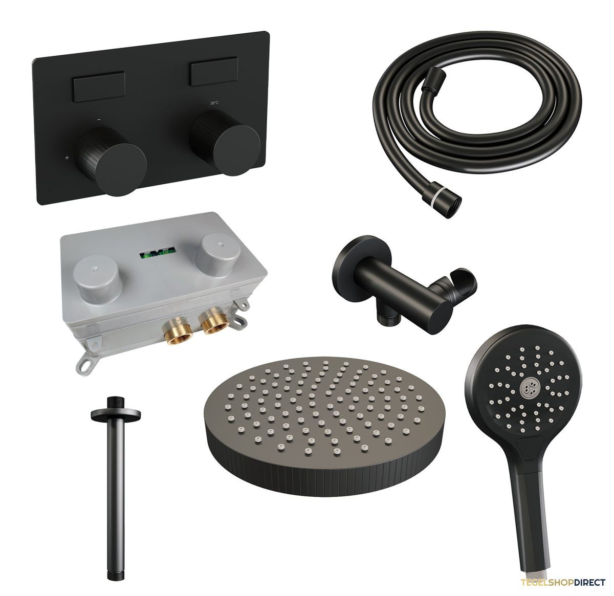 Brauer Stripe thermostatische inbouw regendouche met drukknoppen SET 30 met 25 cm douchekop en plafondarm en 3-standen handdouche en doucheslang en wandaansluitbocht mat zwart – afbeelding 3