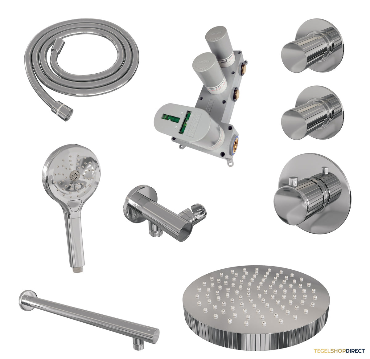 Brauer Stripe thermostatische inbouw regendouche SET 04 met 25 cm douchekop en rechte muurarm en 3-standen handdouche en doucheslang en wandaansluitbocht chroom – afbeelding 3