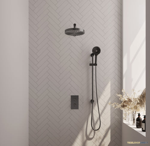 Brauer Stripe thermostatische inbouw regendouche 3-weg rechthoekig SET 22 met 25 cm douchekop en rechte muurarm en 3-standen handdouche en doucheslang en geintegreerde glijstang gunmetal geborsteld PVD
