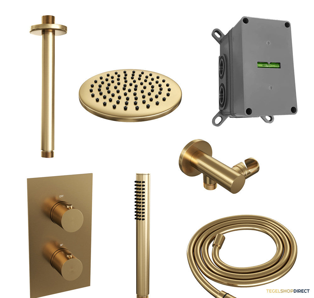 Regendoucheset Inbouw Brauer Gold Edition Thermostatisch 20cm met 3-Weg Omstelling, Plafondarm en Staaf Handdouche Geborsteld Goud – afbeelding 2