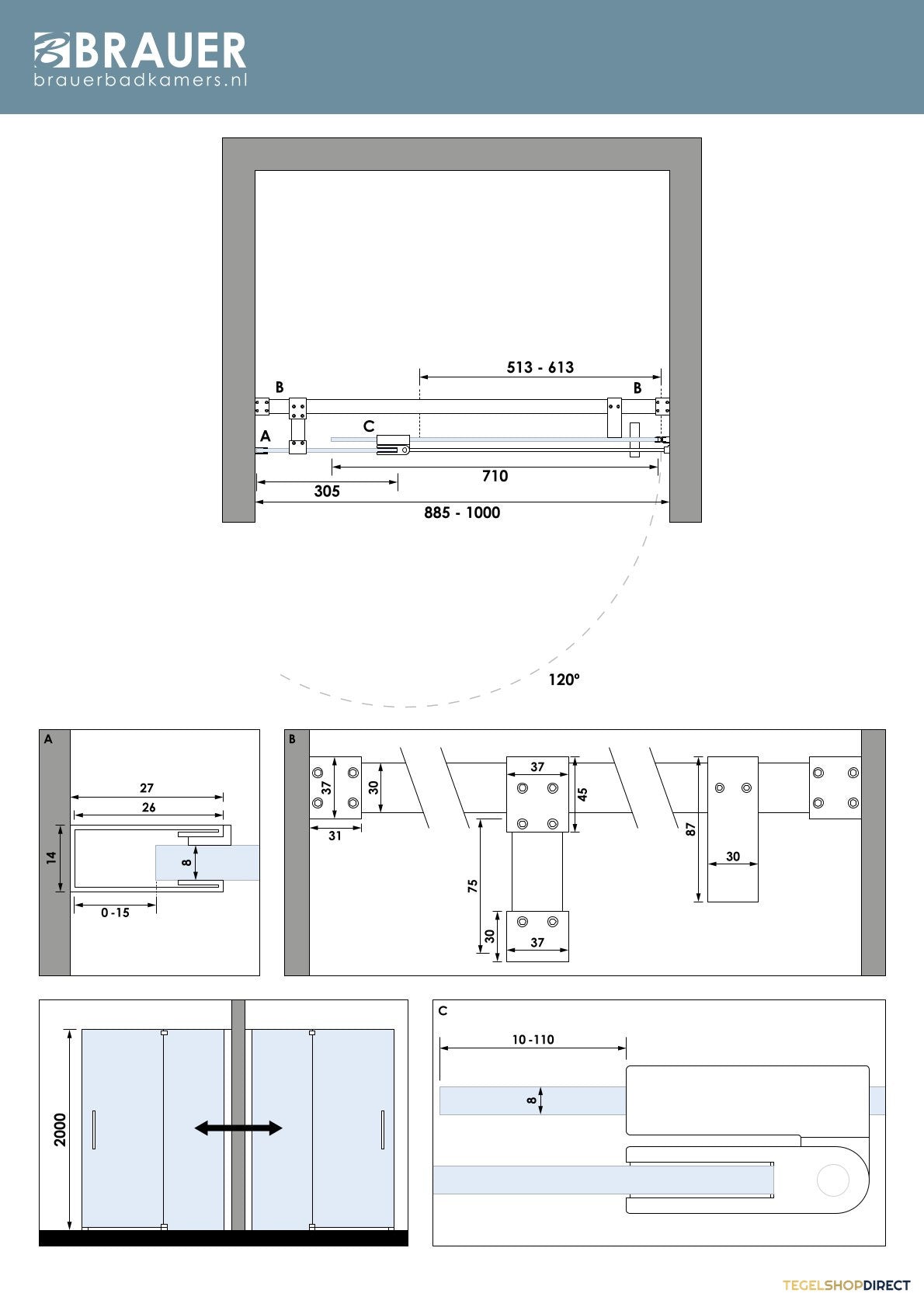 BRAUER Stellar nisdeur 2-delig draaiend helder glas 100x200 omkeerbaar incl. glascoating mat zwart – afbeelding 7