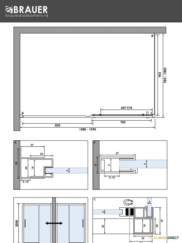 BRAUER Season douchecabine model B met schuifdeur helder glas 160x100x200 omkeerbaar incl. glascoating Season-Chroom – afbeelding 4