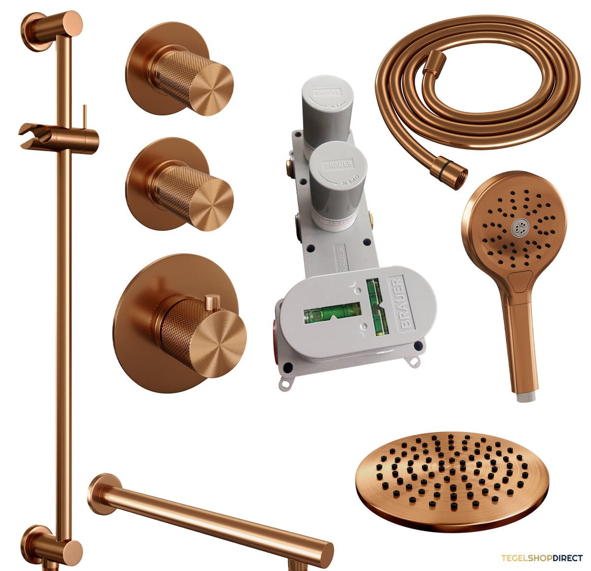 Regendoucheset Inbouw Brauer Copper Carving Thermostatisch 20cm met Wandarm, Glijstang en Handdouche 3-Standen Losse Stopkranen Geborsteld Koper – afbeelding 8