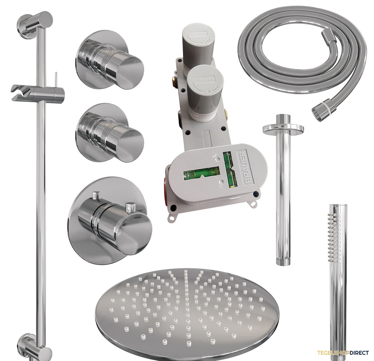 Regendoucheset Inbouw Brauer Chrome Edition Thermostatisch 20cm met Gebogen Wandarm, Glijstang en Handdouche 3-Standen Losse Stopkranen Chroom – afbeelding 2