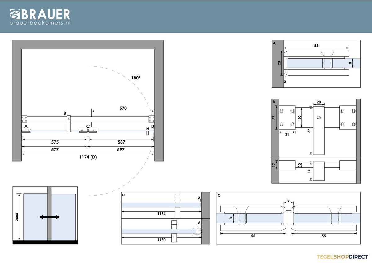 BRAUER Void nisdeur 2-delig helder glas 120x200 omkeerbaar met draaideur 60 aan glas incl. glascoating PVD RVS-kleurig – afbeelding 6