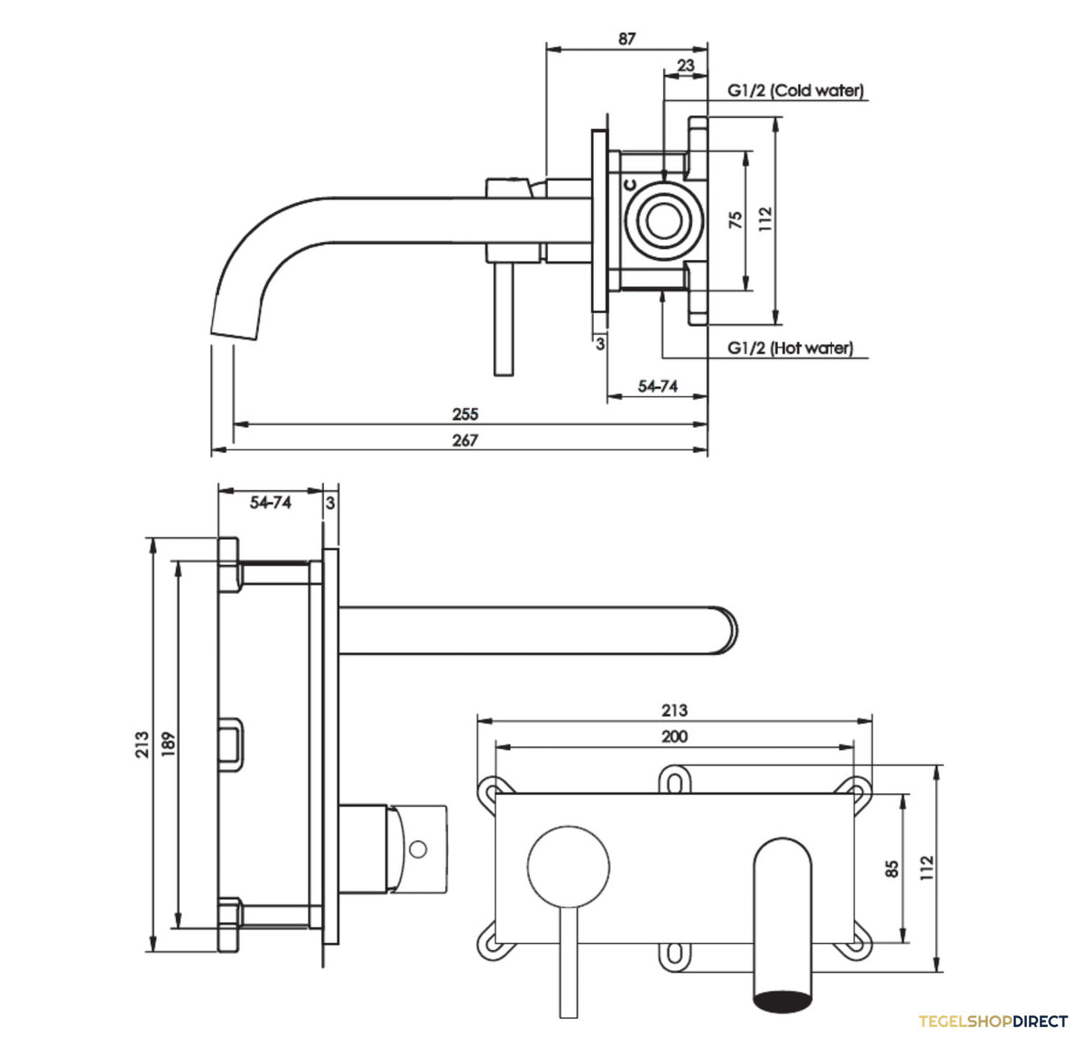 Inbouw Wastafelmengkraan Brauer Gunmetal Edition Coldstart Gebogen Uitloop Korte Platte Hendel Links Geborsteld Gunmetal PVD Met Afdekplaat – afbeelding 4