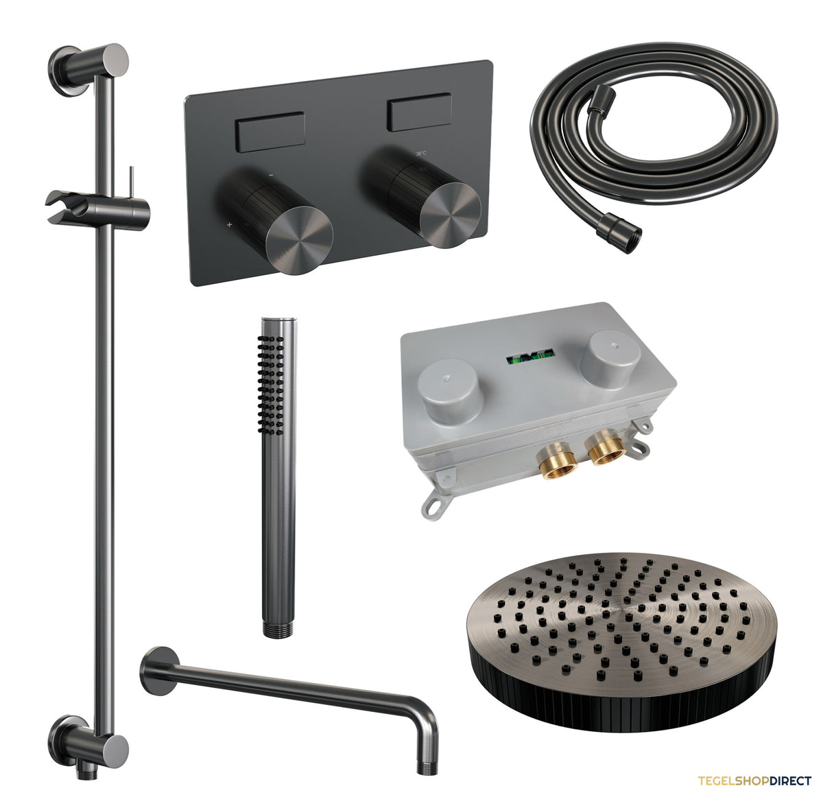 Brauer Stripe thermostatische inbouw regendouche met drukknoppen SET 32 met 25 cm douchekop en gebogen muurarm en staaf handdouche en doucheslang en geintegreerde glijstang gunmetal geborsteld PVD – afbeelding 3