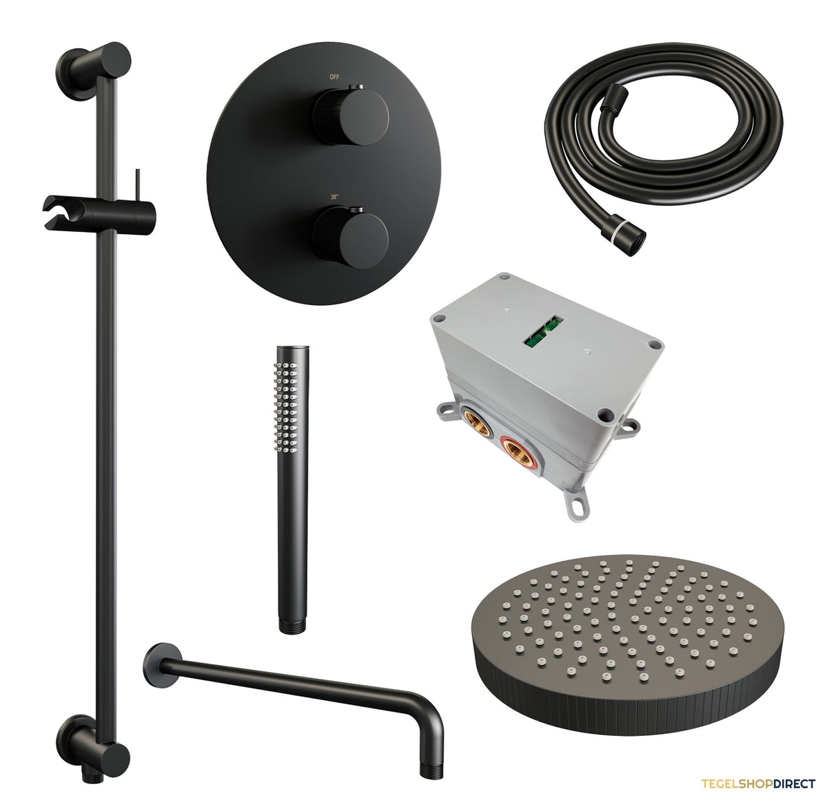 Brauer Stripe thermostatische inbouw regendouche 3-weg rond SET 44 met 25 cm douchekop en gebogen muurarm en staaf handdouche en doucheslang en geintegreerde glijstang mat zwart – afbeelding 3