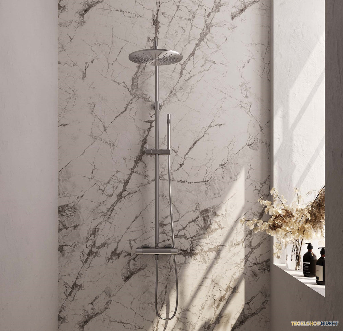 Regendoucheset Opbouw Brauer Brushed Carving 30 cm Thermostatisch met Staaf Handdouche Geborsteld RVS