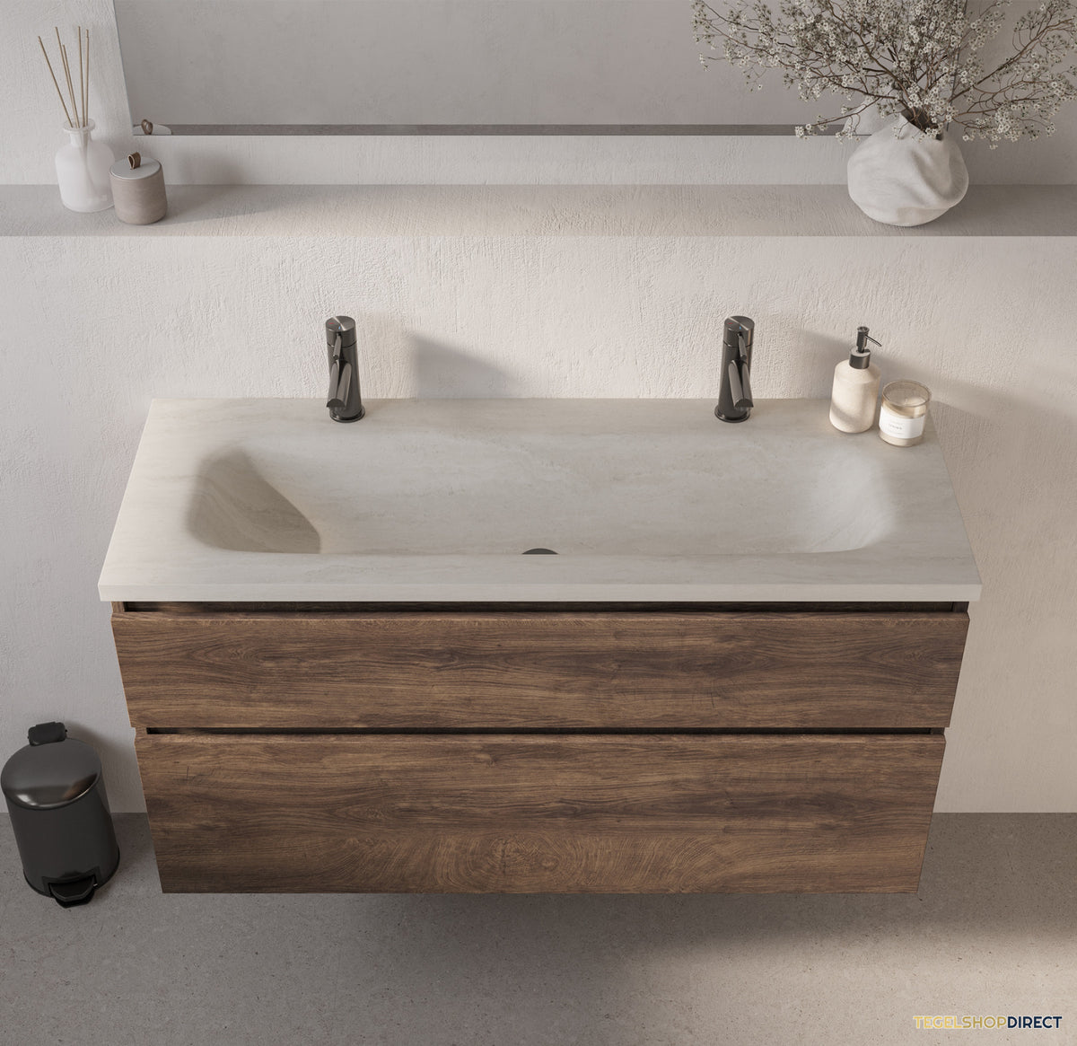 BRAUER Dune Medium wastafel 120 cm met 1 wasbak en 2 kraangaten Sintered Stone Ivory Travertin