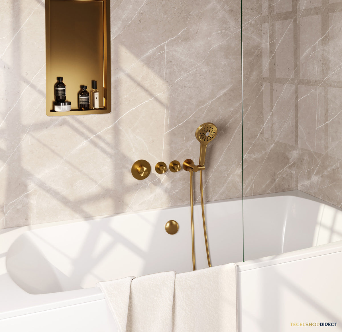 Brauer Stripe thermostatische inbouw badkraan SET 02 met badvulcombinatie en 3-standen handdouche en doucheslang en wandaansluitbocht goud geborsteld PVD