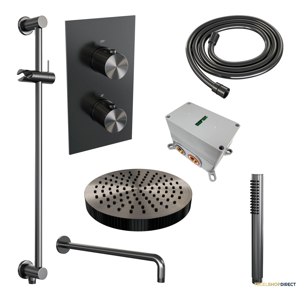 Brauer Stripe thermostatische inbouw regendouche 3-weg rechthoekig SET 20 met 25 cm douchekop en gebogen muurarm en staaf handdouche en doucheslang en geintegreerde glijstang gunmetal geborsteld PVD – afbeelding 3