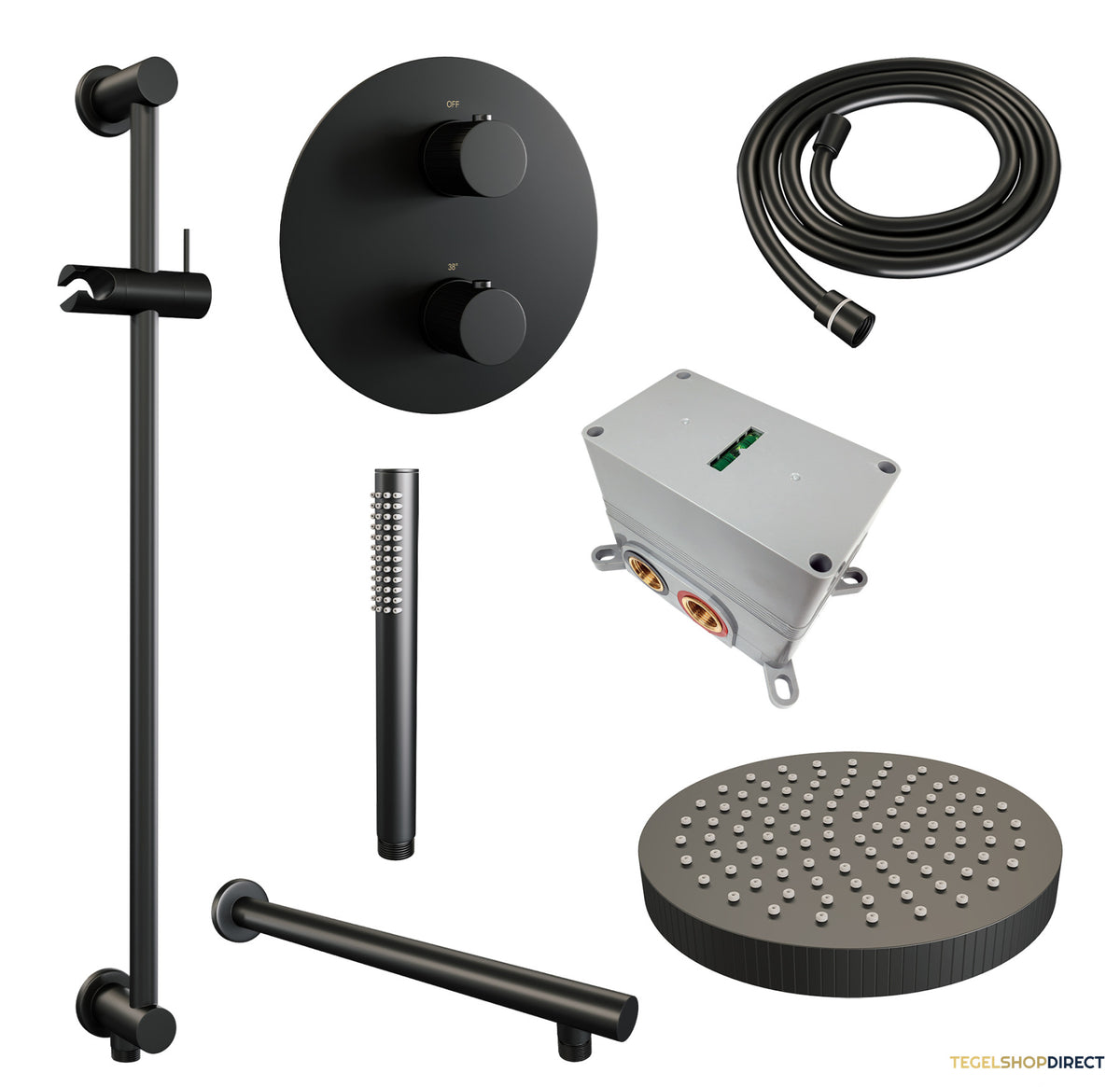 Brauer Stripe thermostatische inbouw regendouche 3-weg rond SET 43 met 25 cm douchekop en rechte muurarm en staaf handdouche en doucheslang en geintegreerde glijstang mat zwart – afbeelding 3