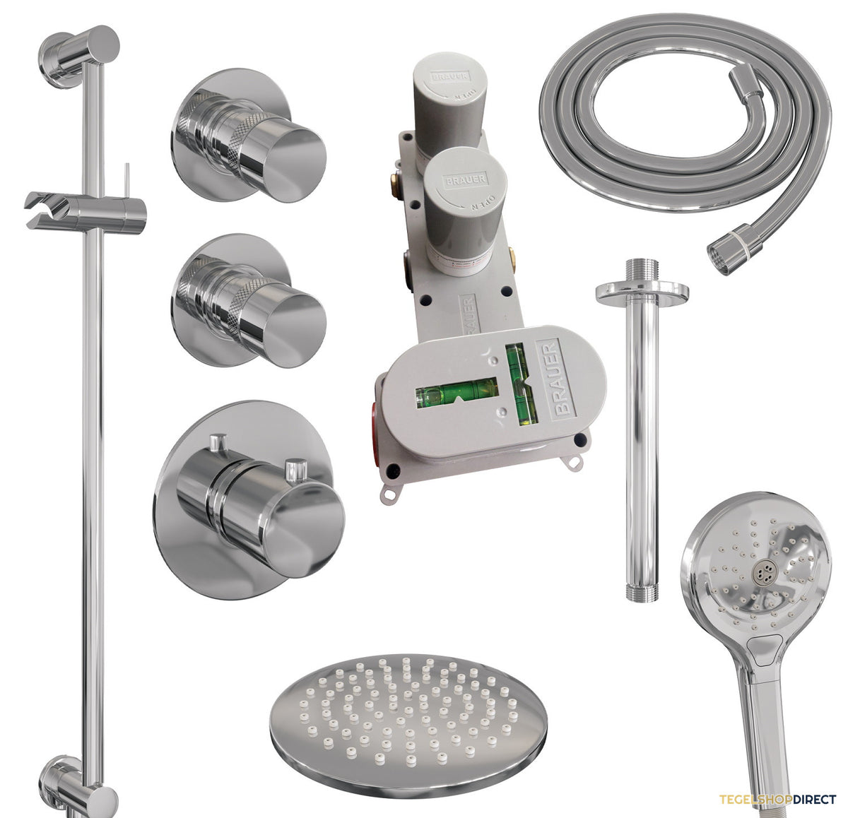 Regendoucheset Inbouw Brauer Chrome Edition Thermostatisch 30cm met Wandarm, Glijstang en Handdouche 3-Standen Losse Stopkranen Chroom – afbeelding 8