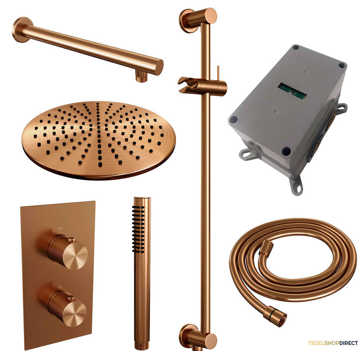 Regendoucheset Inbouw Brauer Copper Carving Thermostatisch 30cm met 3-Weg Omstelling, Wandarm, Glijstang en Staaf Handdouche Geborsteld Koper – afbeelding 3